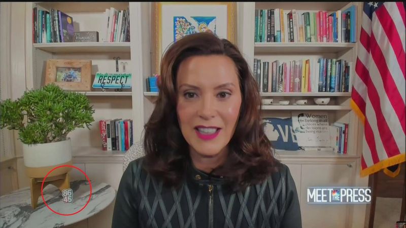 The campaign of President Donald Trump circled the 8645 emblem seen nesxt to Gov. Gretchen Whitmer on NBC's "Meet the Press" show on Oct. 18, 2020.