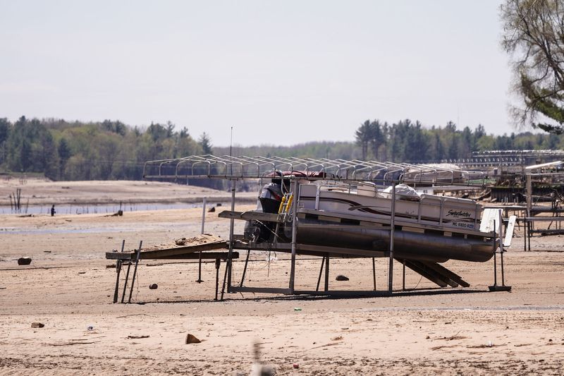 A nearly emptied Wixom Lake in Beaverton is seen on May 21, 2020 after the Edenville Dam failed following heavy rains that sent almost all the water into Sanford Lake.