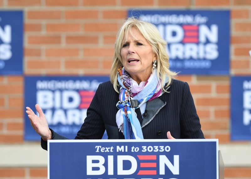 Jill Biden gives her remarks during her campaign stop at Shatila Bakery to energize the Arab American voters.