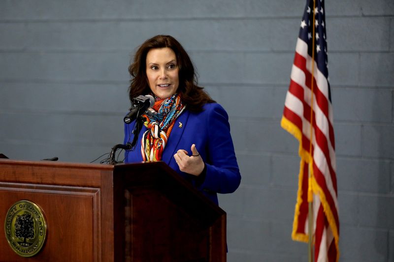 Michigan Governor Gretchen Whitmer talks with the media about the rise of COVID-19 positive cases and the new vaccination site that the Oakland County Health Division opened up inside the UWM Sports Complex in Pontiac on April 2, 2021.
They hope to vaccinate between 1,000 and 3,000 Oakland County residents each day in the sports complex.
