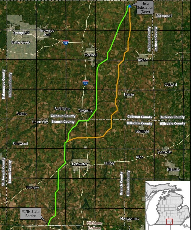 The two proposed routes for the for the first 345 KV grid transmission line into Michigan in nearly 50 years. Work won;t begin until 2028.