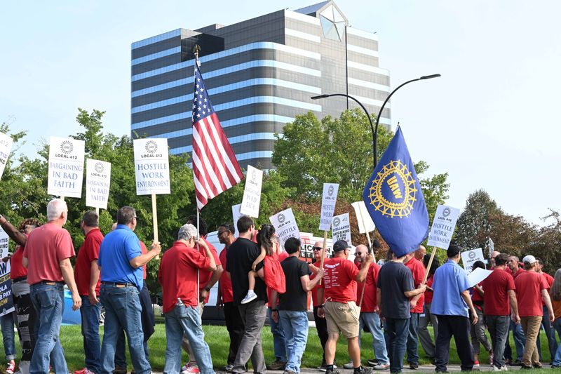 UAW members participate in picket demonstration in front of Stellantis headquarters in Auburn Hills amid a strike against the automaker in September 2023. Members said Thursday they are frustrated after the automaker didn't pay out any profit sharing this year due to it posting a loss in North America for 2025.