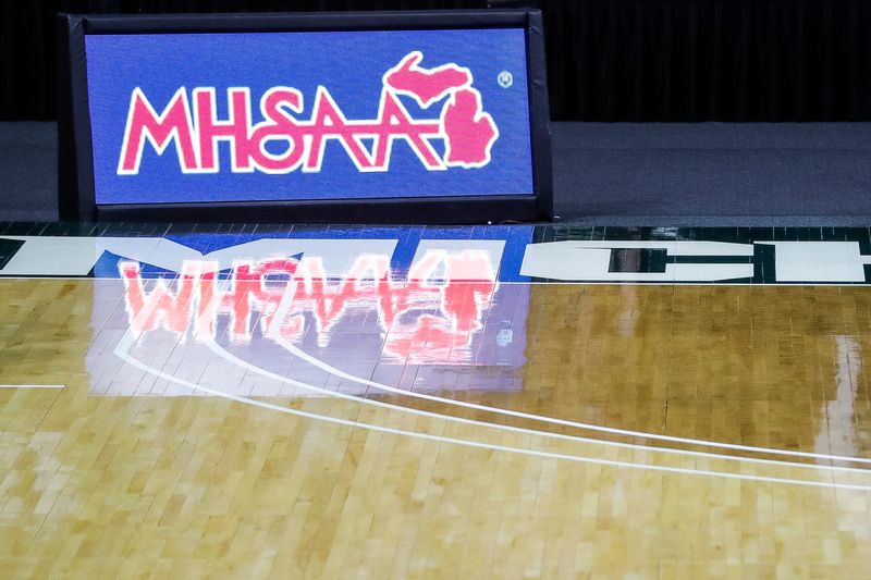 A MHSAA billboard at the MHSAA Division 3 girls semifinal at the Breslin Center in East Lansing, Wednesday, April 7, 2021.