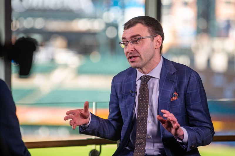 Jason Benetti, the new Tigers TV play-by-play announcer on his first day at Comerica Park.