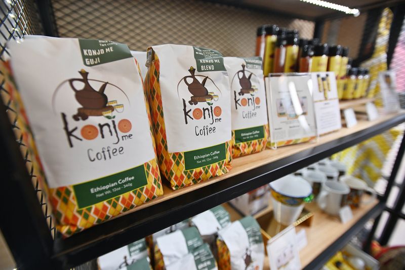 Konjo Me Coffee products at Downtown Detroit Markets, in Cadillac Square during the holidays, in Detroit, Michigan on December 21, 2023.