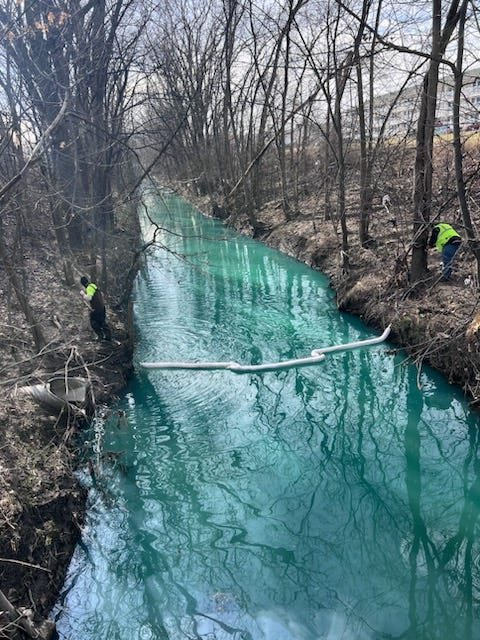 Booms placed Feb. 7, 2024, in Bear Creek Drain in Warren after a chemical spill was discovered. The booms were placed at the direction of the Macomb County Public Works Office.