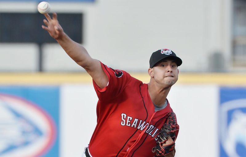 Erie SeaWolves starting pitcher Wilkel Hernandez throws against the Binghamton Rumble Ponies at UPMC Park in Erie on April 9, 2024.