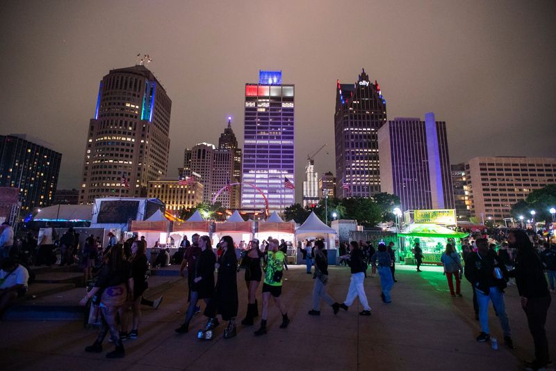 The Detroit skyline is seen from Hart Plaza during the final night of the Movement Music Festival in Detroit.