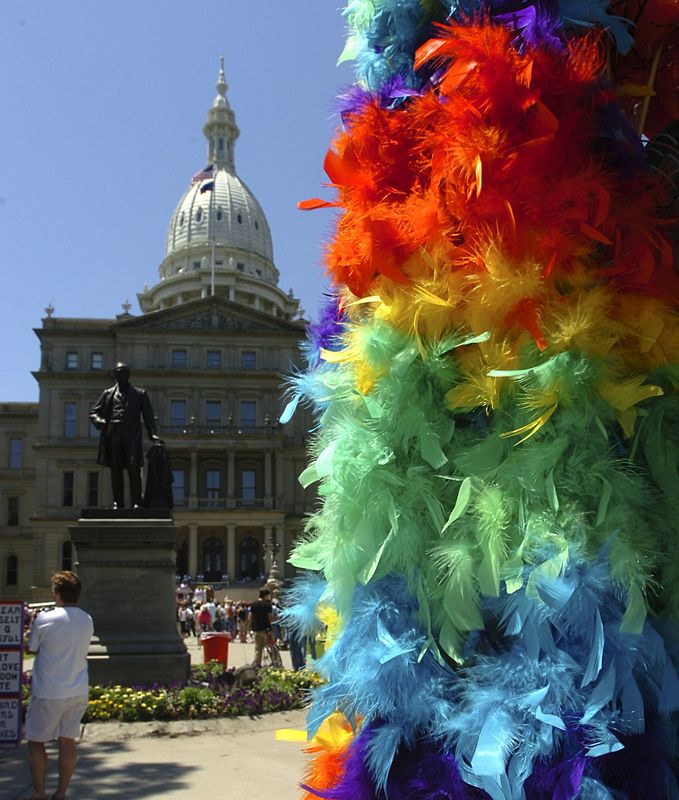 Rainbow colored, feather boas were plentiful at the state capitol Saturday during the Michigan Pride Parade in June, 2007, in Lansing.