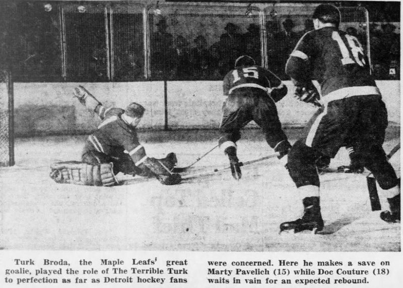 Red Wings forward Marty Pavelich moves in on the Toronto goal on April 7, 1950, at Olympia Stadium.