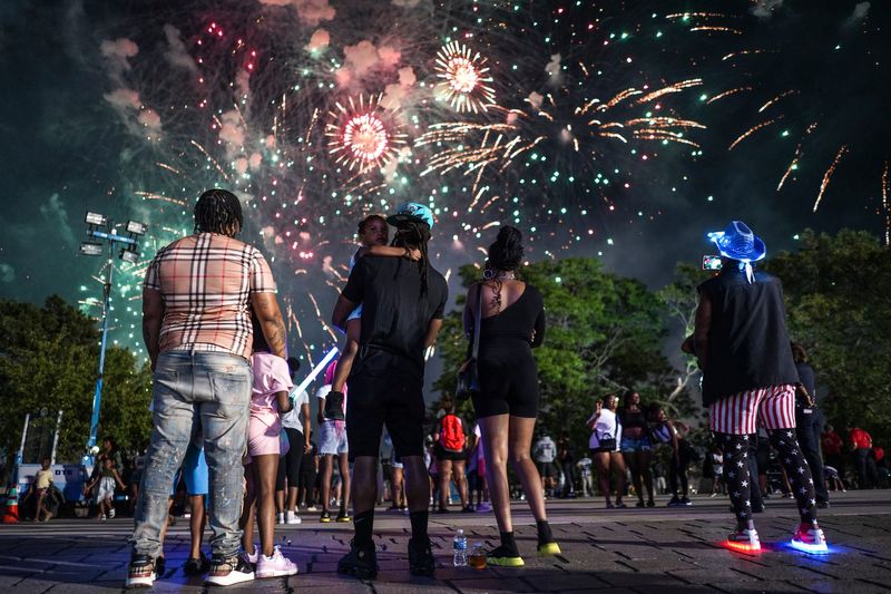People watch as the 2024 Ford Fireworks display launches in downtown Detroit on Monday, June 24, 2024.