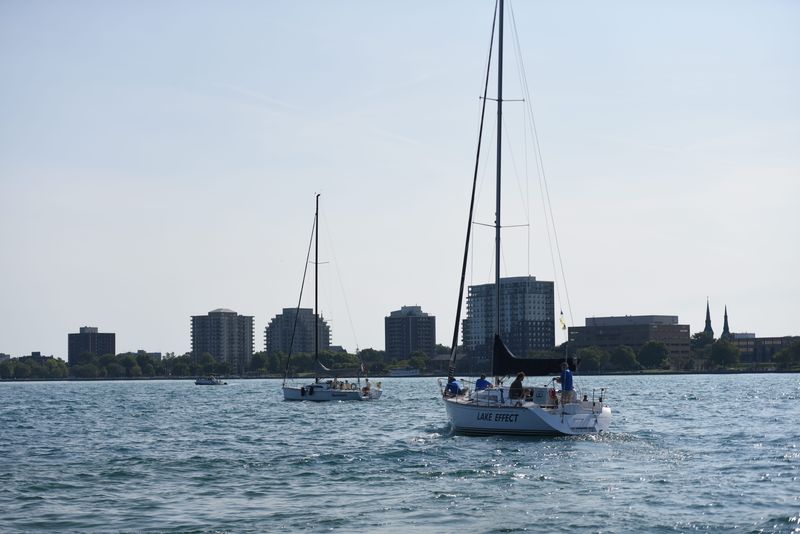 Sail boats heading to the starting line for the 100th Port Huron-to-Mackinac Race on July 20, 2024.