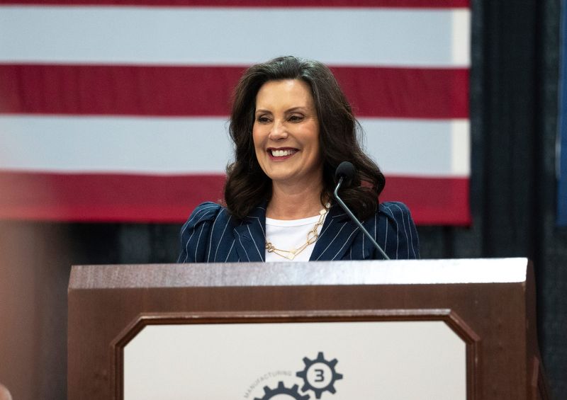 Michigan Governor Gretchen Whitmer speaks during an M3 Initiative event at the Macomb Community College Sports and ExpoCenter in Warren, MI on Monday, July 22, 2024.