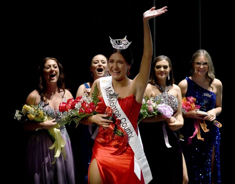 Elora Russell, then 19, of Monroe could not hold back tears when she was crowned Miss Monroe County 2024. Behind her are (from left): fourth runner-up Celeste Milligan, third runner-up McKenzie Valente, second runner-up Elizabeth Kaus-Wirth and first runner-up Delaney Setzler. The 2025 Miss Monroe County program is Aug. 16.
