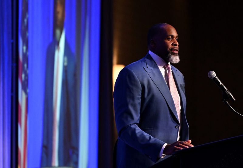 Former Detroit Mayor Kwame Kilpatrick speaks during the annual Lincoln Day Dinner at Suburban Collection Showplace in Novi, Mich. on August 21, 2024. The event is hosted by the Oakland County Republican Party.