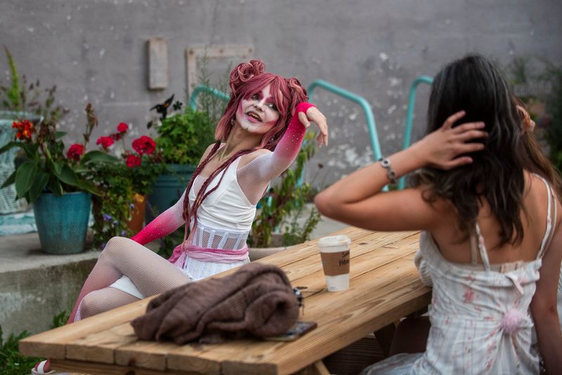 "Orchid Mantits" performs during a drag show fundraiser at Drifter Coffee with proceeds benefitting the Quffa family, who live in Gaza and are hoping to flee to Egypt, on Friday, Aug. 23, 2024 in Ferndale.