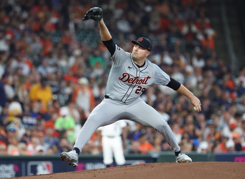Detroit Tigers pitcher Tarik Skubal throws a pitch against the Houston Astros in the first inning in Game 1 of the wild-card series between the Detroit Tigers and Houston Astros at Minute Maid Park on Tuesday, Oct. 1, 2024 in Houston.
