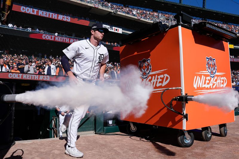 Detroit Tigers second baseman Colt Keith takes the field during player introductions for Game 3 of the ALDS against the Cleveland Guardians at Comerica Park in Detroit on Wednesday, Oct. 9, 2024.