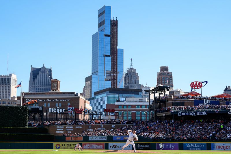Detroit Tigers pitcher Beau Brieske throws against the Cleveland Guardians during the sixth inning at Game 3 of ALDS at Comerica Park in Detroit on Wednesday, Oct. 9, 2024.