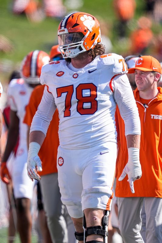 Oct 12, 2024; Winston-Salem, North Carolina, USA; Clemson Tigers offensive lineman Blake Miller (78) during the second half against the Wake Forest Demon Deacons at Allegacy Federal Credit Union Stadium. Mandatory Credit: Jim Dedmon-Imagn Images