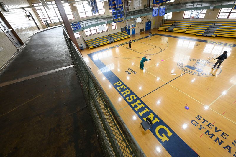 The basketball gym and running track at Pershing high school, in Detroit, November 4, 2024.