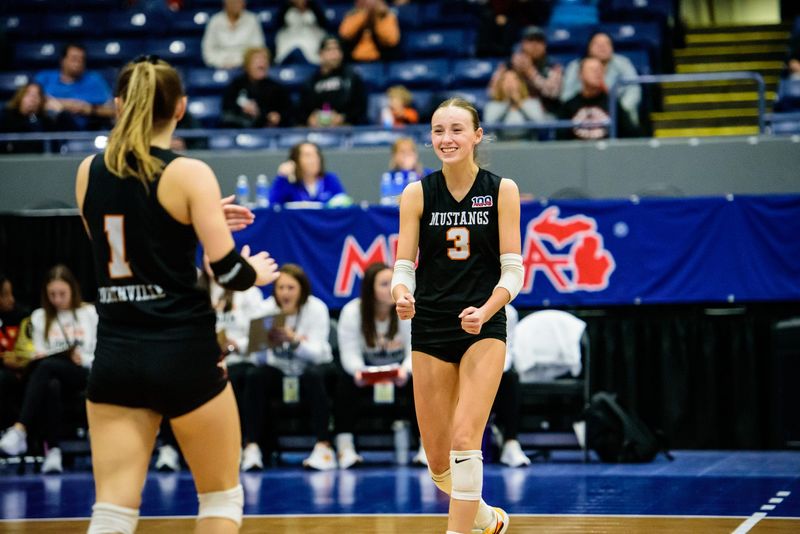 Northville's Gabby Lavoie celebrates a point during the Division 1 volleyball state semifinal on Thursday, Nov. 21, 2024, at Kellogg Arena in Battle Creek.
