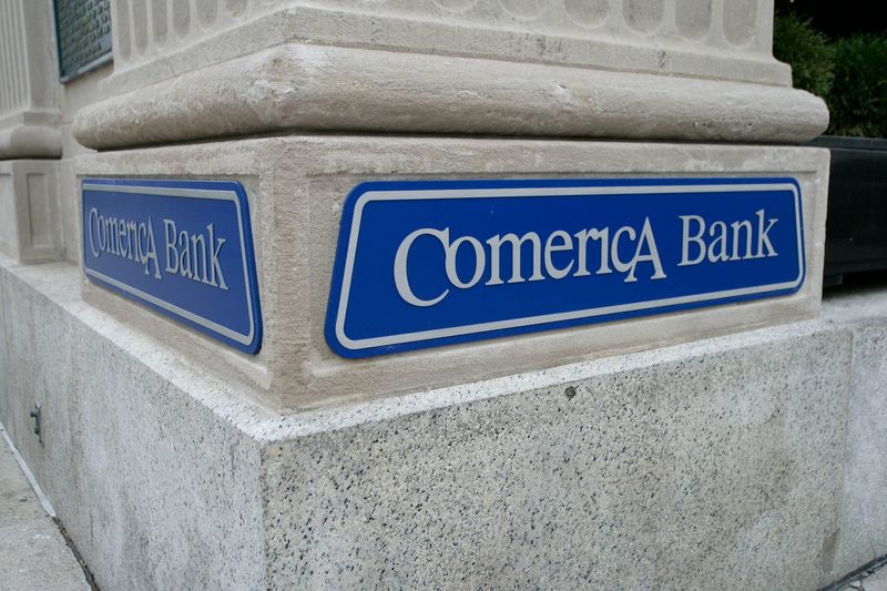 Comerica bank logo on the corner of one of their buildings at Ford and Shelby in downtown Detroit on Oct. 25, 2014.