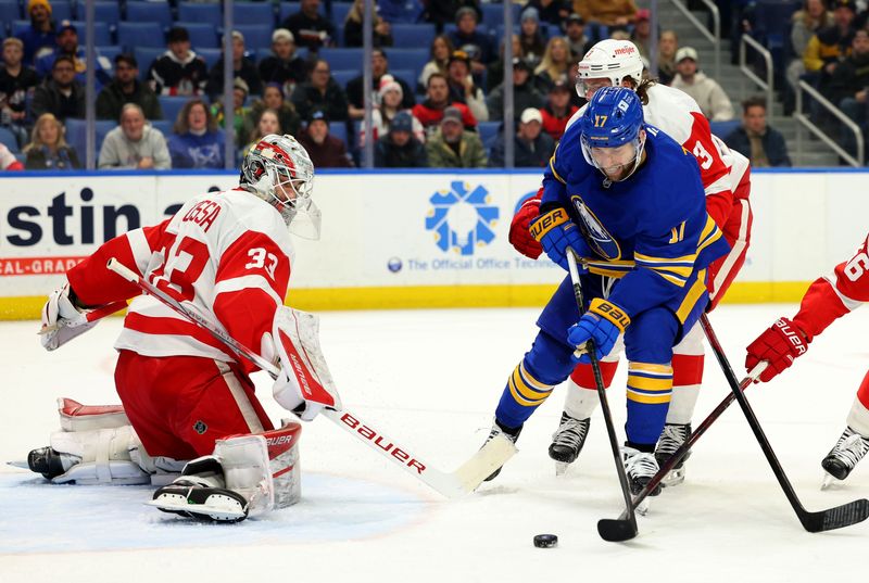 Buffalo Sabres left wing Jason Zucker (17) looks to take a shot on Detroit Red Wings goaltender Sebastian Cossa (33) during the second period at KeyBank Center in Buffalo, New York, on Monday, Dec. 9, 2024.