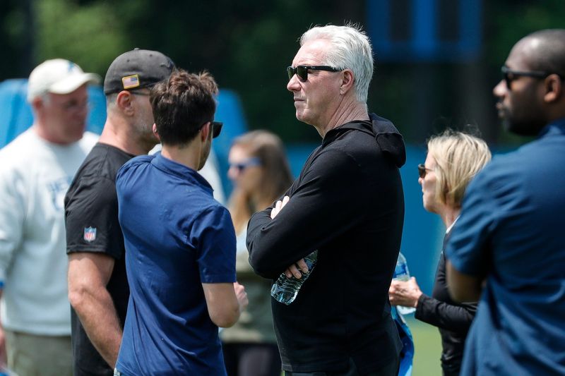Detroit Lions president and CEO Rod Wood watches practice during mini camp at Detroit Lions Headquarters and Training Facility in Allen Park on Wednesday, June 7, 2023.