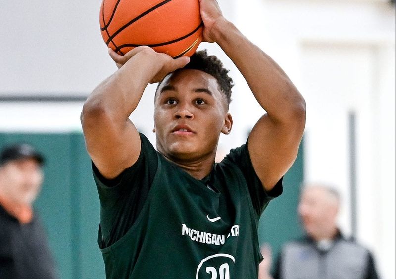 Michigan State's Nick Sanders shoots during the first day of practice on Monday, Sept. 26, 2022, at the Breslin Center in East Lansing.

220926 Msu Bball Practice 081a