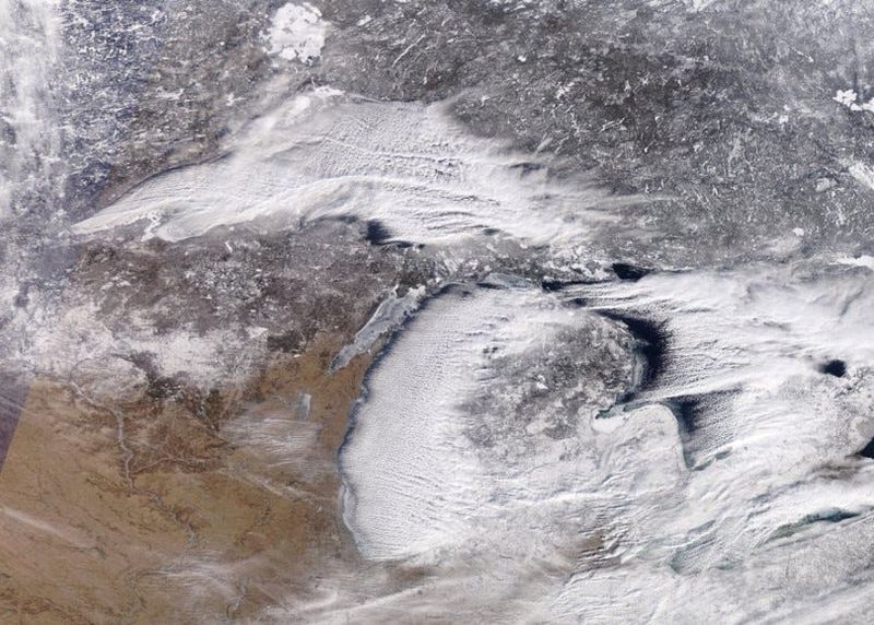 Satellite image from NASworldview showing the cold air blowing over the Great Lakes, featured on the National Weather Service's X account.