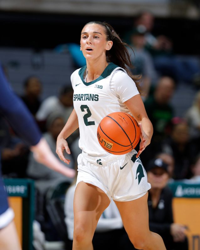 Michigan State's Abbey Kimball brings the ball up court against Penn State, Wednesday, Jan. 22, 2025, in East Lansing.