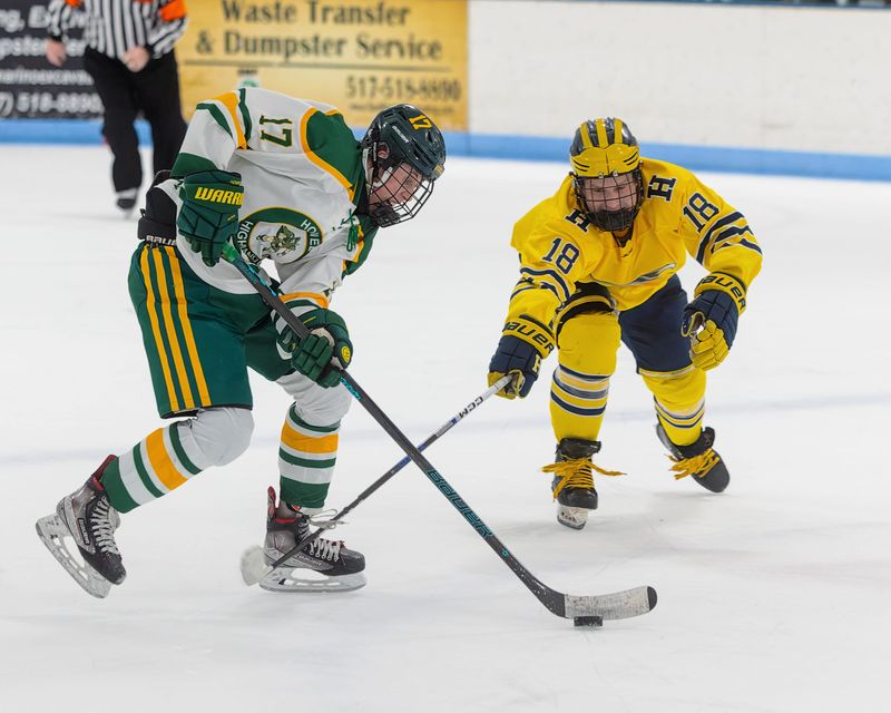 Howell's Bryce Eskola (17) and Hartland's Drew L'Esperance battle for the puck Wednesday, Jan. 22, 2025.