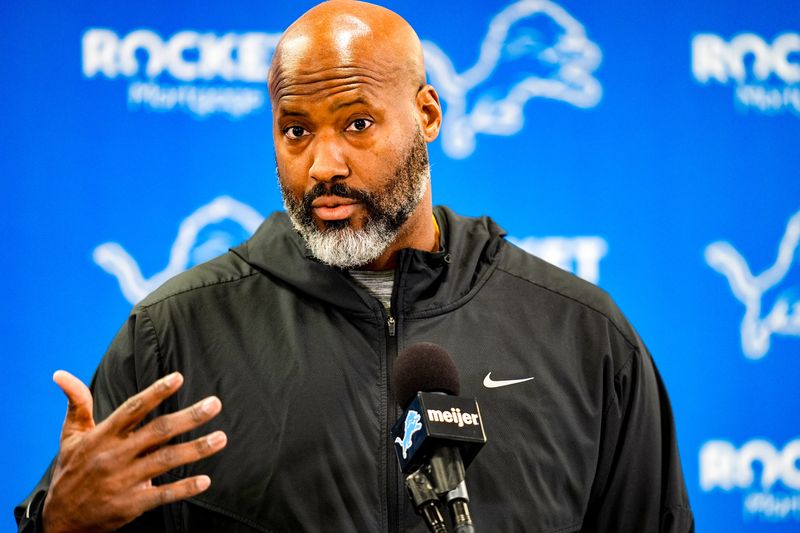 Detroit Lions Executive Vice President & General Manager Brad Holmes speaks to the press about their season, how it ended and what’s next at the Detroit Lions headquarters and training facility in Allen Park, Mich., Thursday, Jan. 23, 2025.
