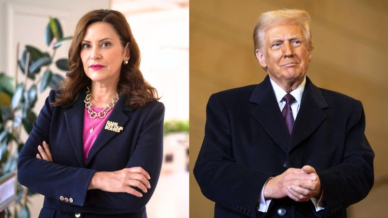 Michigan Gov. Gretchen Whitmer, left, pictured in 2022. President Donald Trump, right, pictured in Emancipation Hall of the U.S. Capitol on Jan. 20, 2025.