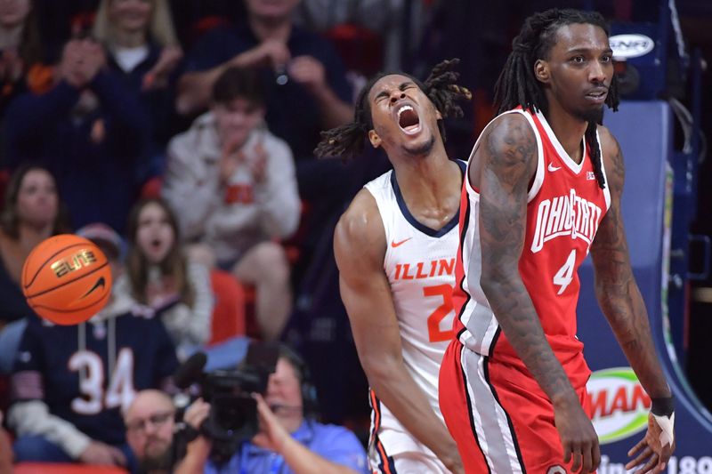 Feb 2, 2025; Champaign, Illinois, USA; Illinois Fighting Illini forward Morez Johnson Jr. (21) reacts after scoring during the second half against the Ohio State Buckeyes at State Farm Center. Mandatory Credit: Ron Johnson-Imagn Images