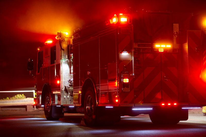 A fire engine responds to the scene of an emergency.