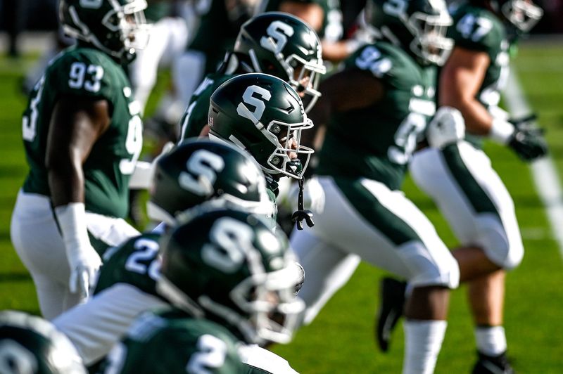 Michigan State wears the 'S' logo on their helmets for the game against Indiana on Saturday, Nov. 14, 2020, at Spartan Stadium in East Lansing.

201114 Msu Indiana 047a