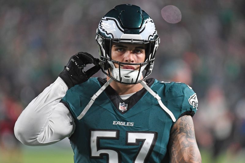 Sep 16, 2024; Philadelphia, Pennsylvania, USA; Philadelphia Eagles linebacker Ben VanSumeren (57) before game against the Atlanta Falcons at Lincoln Financial Field. Mandatory Credit: Eric Hartline-Imagn Images