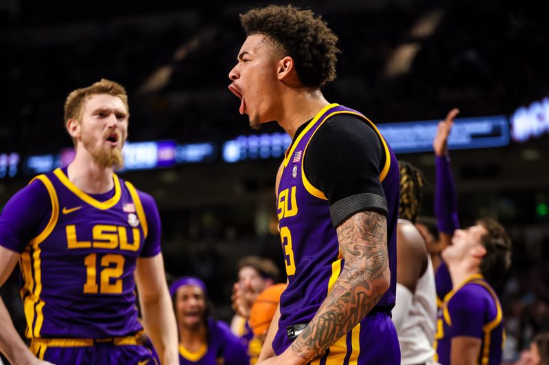 LSU Tigers forward Jalen Reed celebrates a play against the South Carolina Gamecocks in the second half at Colonial Life Arena, Feb. 17, 2024 in Columbia, South Carolina.