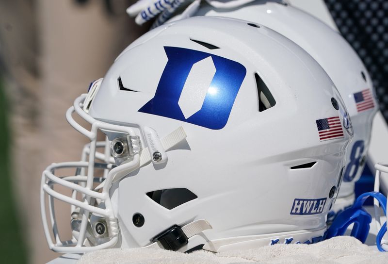 Sep 24, 2022; Lawrence, Kansas, USA; A general view of a Duke Blue Devils helmet against the Kansas Jayhawks during the second half of the game at David Booth Kansas Memorial Stadium. Mandatory Credit: Denny Medley-USA TODAY Sports