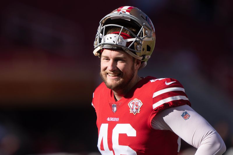 Jan 2, 2022; Santa Clara, California, USA; San Francisco 49ers long snapper Taybor Pepper (46) smiles before the game against the Houston Texans at Levi's Stadium. Mandatory Credit: Stan Szeto-USA TODAY Sports