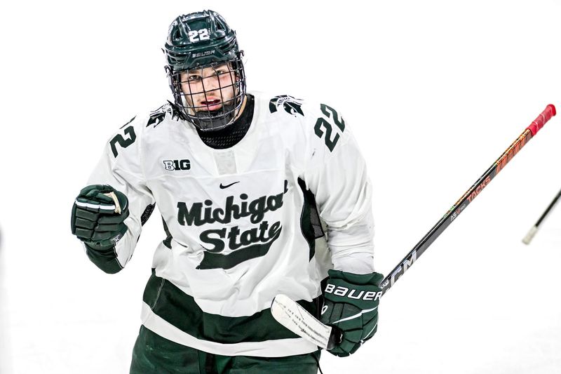 Michigan State's Isaac Howard celebrates his goal during the second period in the game against Ohio State on Saturday, Feb. 24, 2024, at Munn Arena in East Lansing.