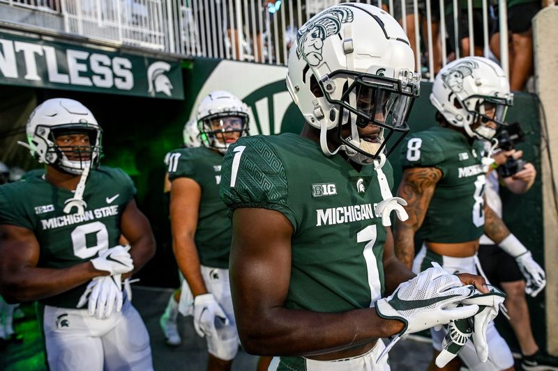 Spartans receiver Jayden Reed walks out of the tunnel before Michigan State's football game against Western Kentucky on Saturday, Oct. 2, 2021, at Spartan Stadium in East Lansing.

211002 Msu Wku Fb 004a