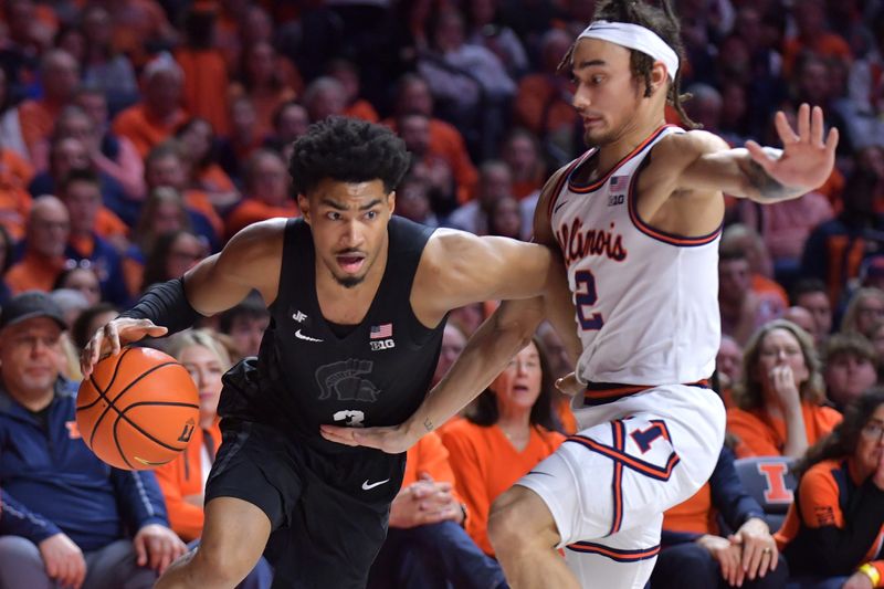 Feb 15, 2025; Champaign, Illinois, USA; Michigan State Spartans guard Jaden Akins (3) drives the ball past Illinois Fighting Illini guard Dra Gibbs-Lawhorn (2) during the second half at State Farm Center. Mandatory Credit: Ron Johnson-Imagn Images