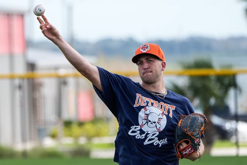 Detroit Tigers pitcher Beau Brieske throws during spring training at TigerTown in Lakeland, Fla. on Sunday, Feb. 16, 2025.