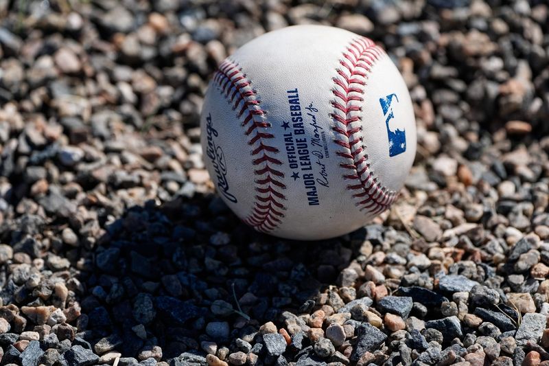 A Major League Baseball ball during spring training at TigerTown in Lakeland, Fla. on Monday, Feb. 17, 2025.