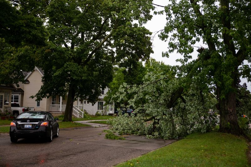 Large thunderstorms and high winds swept through West Michigan and left fallen trees, power lines and closed roads Monday, Aug. 29, 2022, in Holland.