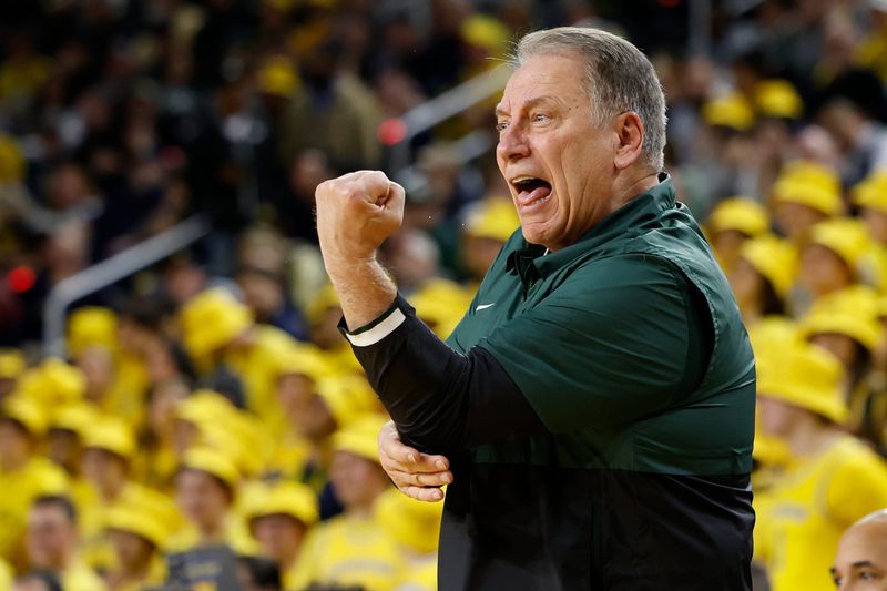 Feb 17, 2024; Ann Arbor, Michigan, USA; Michigan State Spartans head coach Tom Izzo reacts in the first half against the Michigan Wolverines at Crisler Center. Mandatory Credit: Rick Osentoski-USA TODAY Sports