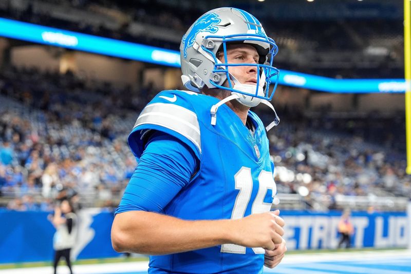Detroit Lions quarterback Jared Goff (16) takes the field for warm up before a preseason game against Pittsburgh Steelers at Ford Field in Detroit on Saturday, August 24, 2024.
